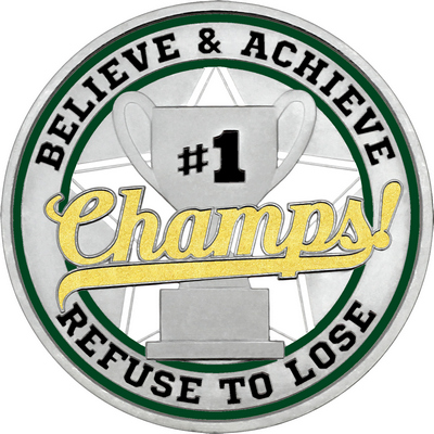 Gold "Champs!" with Dark Green Outer Circular Borders